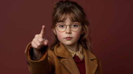 A thoughtful, bespectacled young girl in a tailored brown coat stands against a vibrant red backdrop Her determined gaze is directed toward the camera, conveying a sense of seriousness and focused determination The rich, warm tones of her coat and the contrasting red background create a striking and memorable image AI Generativeの素材