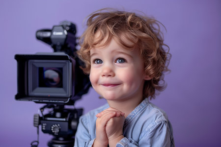 Portraying innocence and exuberance, this captivating image presents an adorable child clad in a vibrant blue shirt, their infectious joy illuminated against a rich purple backdrop As the subject poses with confidence before a professional camera, this photograph serves as a valuable study for photography enthusiasts seeking to capture the essence of childhood and develop their technical skills in a studio setting AI Generativeの素材