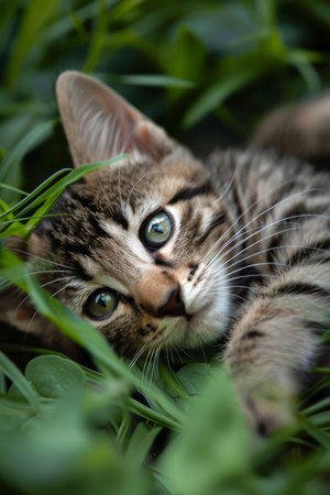 Behold the epitome of feline cuteness captured in this serene photo A precious kitten, nestled amidst lush green grass, gazes at the camera with big, innocent eyes that melt hearts Its playful nature is evident in its relaxed posture, capturing the essence of young cats in a peaceful outdoor setting This image exudes tranquility and adorableness, showcasing the irresistible charm of kittens AI Generativeの素材