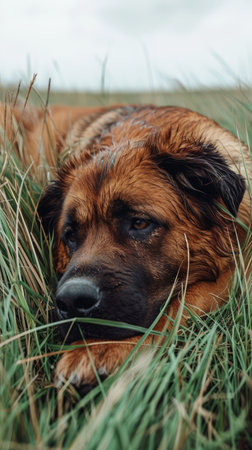 Behold the tranquility of a majestic canine, its massive form sprawled amidst verdant grass Its rich brown fur gleams under the dappled sunlight, creating an aura of warmth and serenity Calm, soulful eyes gaze into the distance, inviting viewers into a moment of pure peace and connection with the natural world AI Generativeの素材