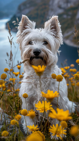 In a tranquil summer day, a charming white dog basks in the splendor of a pristine mountain landscape Surrounded by a vibrant tapestry of golden yellow flowers, the dog&#39;s fluffy tail wags gently, reflecting the serene beauty of nature The canine companion&#39;s playful gaze captures the wonder of the moment, as it revels in the majestic surroundings, embodying the spirit of pure joy and tranquility amidst nature&#39;s embrace AI Generativeの素材