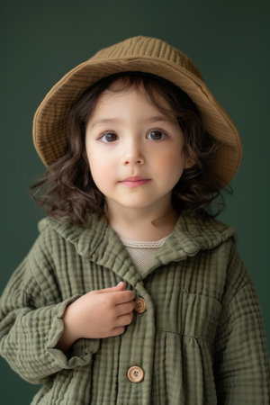 Capture the charm of childhood with this enchanting studio portrait of an adorable toddler The child is adorned in a vibrant green coat and a cozy brown hat, adding a touch of warmth and whimsy to the image With a curious gaze and a delightful expression, they seem lost in their own little world The emerald green background creates a harmonious contrast, highlighting the child&#39;s playful nature and sense of wonder AI Generativeの素材