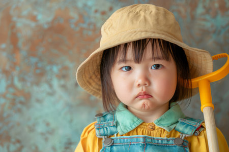 This enchanting photograph captures the infectious joy and whimsy of a young girl, her adorable features framed by a playful bucket hat Pouting expressively before a vibrant backdrop, she embodies the essence of childhood innocence Dressed casually, the girl exudes a carefree spirit, her eyes sparkling with mischief and wonder This image encapsulates the precious moments of childhood, where imagination knows no bounds and every day is an adventure AI Generativeの素材