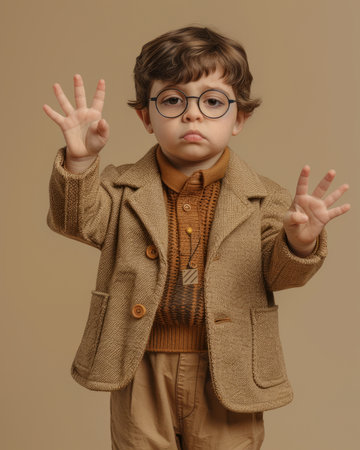 Behold this irresistibly adorable toddler, adorned in a sophisticated brown ensemble Perched against a neutral backdrop, their tiny frame exudes both style and seriousness With glasses perched perfectly on their nose, this cherub strikes a pose that captures both innocence and a hint of determination AI Generativeの素材
