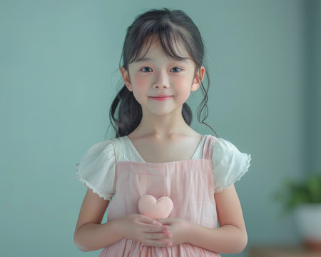 Capture the essence of innocence with this heartwarming portrait of an adorable young girl Her tiny hands cradle a heart-shaped object, her soft eyes reflecting a gentle smile that exudes love and warmth Against a serene green backdrop, the image evokes a sense of tranquility and joy, conveying the purity and wonder of childhood AI Generativeの素材