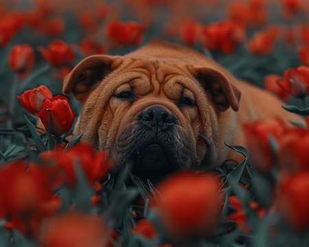 A captivating portrait of a serene bulldog amidst a vibrant meadow of red tulips The playful canine&#39;s relaxed demeanor amidst the blooming flowers embodies the harmonious bond between nature and companionship, capturing the essence of a perfect spring day AI Generativeの素材