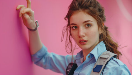 A captivating portrait captures a young woman's enigmatic gaze against a vibrant pink backdrop Her effortless style blends urban sophistication with casual modernity, creating a seamless fusion of aesthetics The expressive eyes and confident pose exude a sense of self-assurance and undeniable allure AI Generativeの素材