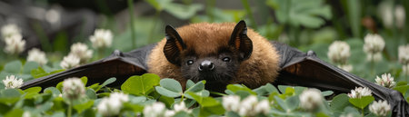 Witness the enigmatic beauty of a bat nestled amidst a verdant sanctuary Its intricate wings and piercing gaze draw you into a realm of mystery, while the delicate clover leaves and pristine flowers create a breathtaking backdrop This close-up masterpiece showcases the harmony between nature's creatures and the vibrant tapestry of its surroundings AI Generativeの素材