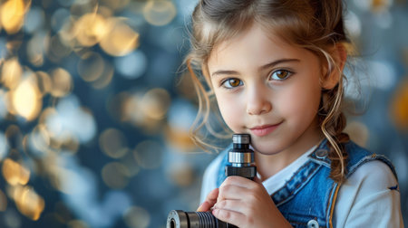 This captivating portrait captures the innocent beauty of a young girl with luscious, curly hair Her gaze is gentle and curious as she holds a camera, ready to capture the wonders of the world The vibrant bokeh lights in the background create a dreamlike atmosphere, highlighting the girl&#39;s playful and imaginative spirit This enchanting image is a testament to the boundless creativity and joy of childhood AI Generativeの素材