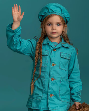 **Enchanting Portrait of Innocence and Style**

Capture the endearing charm of youth with this captivating portrait A vibrant young girl in a blue outfit exudes confidence against a verdant backdrop Her braided hair and playful cap accentuate her adorable expression, making this image perfect for capturing the essence of childhood fashion and unforgettable moments AI Generativeの素材