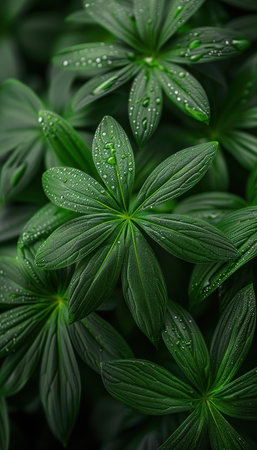 Behold nature's artistry in this captivating close-up Lush emerald leaves shimmer with crystal-clear dew drops, reflecting the vibrant light Witness the intricate veins and delicate textures of these botanical wonders, capturing the essence of tranquility and vitality This exquisite image embodies the boundless beauty and serenity of the natural world AI Generativeの素材