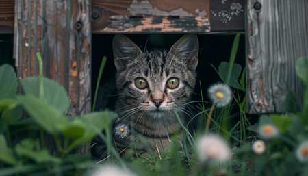 Enchanting feline exploration: a curious cat peers through a rustic wooden fence, surrounded by lush greenery and delicate daisies Its inquisitive gaze captures nature's allure, embodying curiosity and serenity in the heart of the animal kingdom AI Generativeの素材