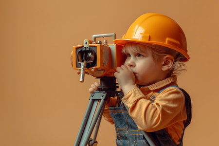 A curious child wearing construction attire gazes through surveying equipment, their eyes wide with discovery The solid background provides a neutral backdrop, highlighting the child&#39;s fascination and the intricate details of the equipment This image captures the boundless curiosity and fascination of a young mind exploring the world of construction AI Generativeの素材