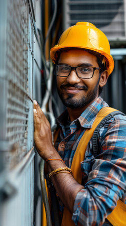 A skilled construction worker stands confidently on an urban job site, his hard hat and safety glasses a testament to his dedication to workplace safety Near the scaffolding of a towering building, he exudes a sense of assurance and expertise, showcasing the hands-on craftsmanship that defines his profession This image captures the essence of environmental safety and the importance of protective gear in ensuring a secure work environment AI Generativeの素材