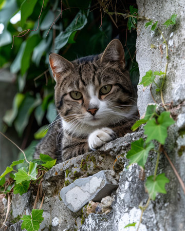 Behold the enchanting serenity of a tabby cat nestled amidst a verdant garden Its emerald eyes shimmer against the lush ivy leaves that adorn a rustic stone wall, creating a captivating portrait of feline majesty The dappled sunlight caresses its soft fur and illuminates the vibrant hues of nature, painting a tranquil and unforgettable scene AI Generativeの素材