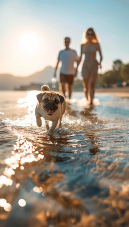 Capture the pure joy of a family frolicking on the beach with their beloved canine companion The playful pooch races ahead, its tail wagging furiously, as the family members chase after it, their laughter echoing through the salty air The golden rays of the setting sun cast a warm glow on the scene, creating a moment of pure happiness and family bonding AI Generativeの素材