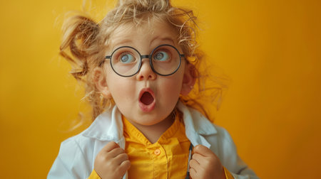 Capture the wonder and curiosity of a young scientist in our vibrant photostock A wide-eyed child, donning adorable round glasses, beams with surprise against a cheerful yellow backdrop Their expression sparks inspiration, reminding us of the boundless potential that lies within every future innovator AI Generativeの素材
