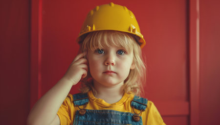Capture the boundless curiosity of a child in a vibrant and playful setting The adorable subject adorns a bright yellow hard hat against a bold red background, embodying a safe and engaging learning environment This image radiates joy, exploration, and the limitless potential of childhood imaginations AI Generativeの素材