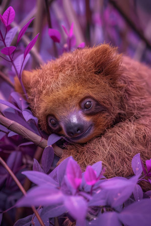 A baby sloth, its soft fur shimmering with an ethereal glow, curls up contentedly amidst vibrant purple foliage Captured in a moment of tranquility, its innocent serenity seems to emanate through the image, inviting viewers to embrace the calming essence of nature The forest whispers around them, adding to the enchanting atmosphere of this captivating photograph that celebrates the delicate beauty and profound serenity of the natural world AI Generativeの素材