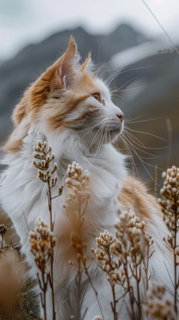 Behold the ethereal grace of a majestic long-haired cat amidst an enchanting wilderness Surrounded by a tapestry of vibrant wildflowers, its piercing gaze roams over a tranquil mountain landscape The harmonious blend of beauty and serenity captures the essence of nature&#39;s allure, creating a captivating symphony for the senses AI Generativeの素材
