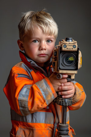 Capture the future of visual storytelling with this captivating image of a young child in construction gear, wielding a camera with an unwavering gaze This striking portrayal embodies the curious spirit of childhood and the boundless potential of professional photography, highlighting the fusion of youthful imagination and precision equipment for exceptional visual artistry AI Generativeの素材
