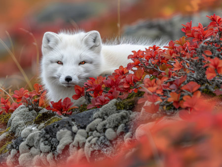 This captivating image showcases a majestic Arctic fox amidst vibrant autumn foliage, capturing the essence of the changing seasons The fox&#39;s sleek white coat contrasts beautifully with the rich hues of the surrounding landscape, creating a stunning composition that celebrates the beauty and serenity of wildlife in the wilderness This photograph is a perfect choice for nature enthusiasts and art lovers seeking to bring a touch of the Arctic&#39;s magic into their home or office AI Generativeの素材