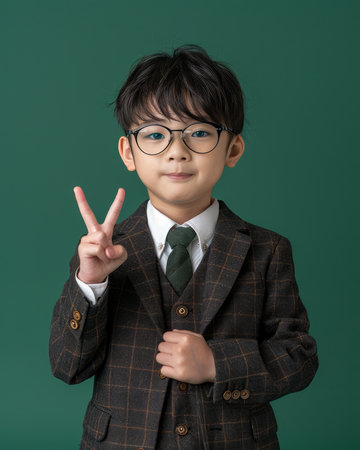 Capture the charm of a young boy in a tailored suit and spectacles, his tiny hands forming a peace sign against a vibrant green backdrop This endearing image embodies the innocence and exuberance of childhood, blending formal attire with playful gestures Perfect for back-to-school campaigns, educational content, or showcasing the stylish spirit of young minds AI Generativeの素材