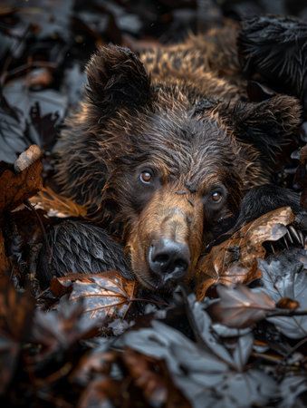 Behold the serene beauty of a solitary bear nestled amidst vibrant autumn foliage Its powerful frame exudes majesty, while its peaceful demeanor reveals the gentle nature of these magnificent creatures Captured in an intimate close-up, this image invites you to immerse yourself in the tranquil heart of the forest and appreciate the timeless bond between wildlife and nature AI Generativeの素材