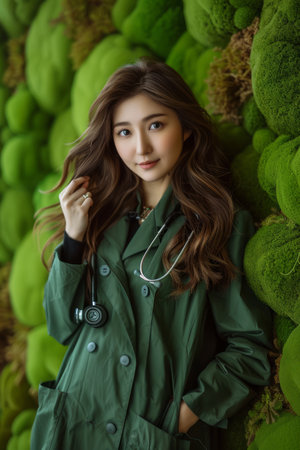 A breathtakingly elegant image of a female doctor exuding confidence and serenity amidst the vibrant embrace of a lush green moss wall Donning a sophisticated green coat and stethoscope, she embodies the harmony between natural well-being and modern medical expertise The serene ambiance and rich textures create a captivating portrait of a healthcare professional embracing a holistic approach to health AI Generativeの素材