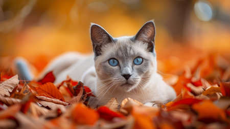 A stunning blue-eyed feline nestles amidst a tapestry of autumn leaves, its serene gaze capturing the essence of fall&#39;s enchanting hues Surrounded by nature&#39;s vibrant canvas, the tranquil outdoor setting evokes a sense of cozy warmth and serenity, making this a breathtaking portrait of feline tranquility AI Generativeの素材