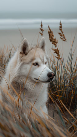In a serene coastal haven, a majestic husky stands tall amidst swaying grasses Its piercing eyes gaze upon the vast ocean, captured in an ethereal moment of tranquility Overcast skies enhance the coastal ambiance, casting a soft glow on its thick, fluffy fur This portrait captures the natural beauty of the beach, showcasing the harmony between dog and landscape AI Generativeの素材