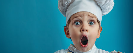 Capture the irresistible charm of a little chef in a chef&#39;s hat and apron They stand against a captivating blue backdrop, their eyes wide with surprise and a twinkle of culinary enthusiasm Their infectious expressions convey the pure joy and wonder of childhood dreams AI Generativeの素材