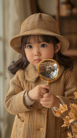 Behold a captivating portrait of a young explorer! Her curious gaze peers through a magnifying glass, igniting a world of wonder and discovery Clad in a cozy hat and warm coat, she stands amidst soft, inviting light, embodying the boundless imagination and insatiable curiosity that define childhood AI Generativeの素材