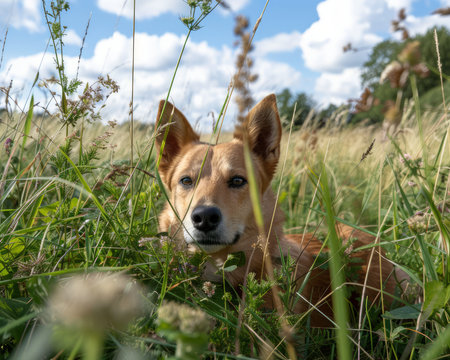 Behold a breathtaking panorama where nature&#39;s wonders intertwine A curious canine stands alert, its keen eyes scanning the vast wilderness Vibrant greenery and a clear blue sky create a tapestry of natural beauty, capturing a moment of adventure and the unbreakable bond between pet and the wild AI Generativeの素材
