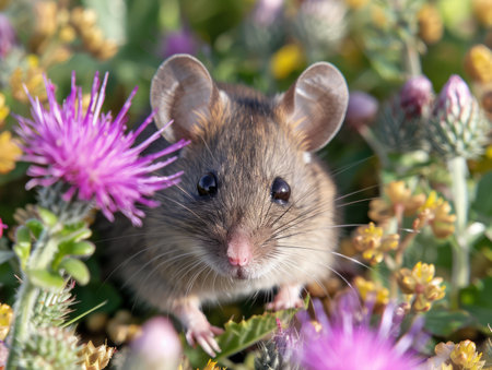 A charming wild mouse adorns a vibrant floral tapestry, captivating nature enthusiasts with its innocent gaze Its delicate presence amidst the picturesque tranquility of its natural habitat creates an idyllic and serene spectacle, evoking a profound connection to the wonders of the wild AI Generativeの素材