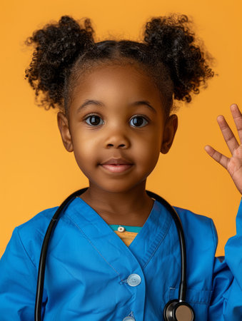 Capture the infectious charm of a young child dressed as an adorable doctor With a bright orange background highlighting their enthusiasm, they don a stethoscope and wave eagerly, exuding an air of playful professionalism sure to melt hearts Ideal for stock photos featuring medical professions, childcare, and the joyful spirit of childhood AI Generativeの素材