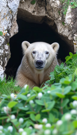 Amidst the pristine wilderness, a majestic polar bear emerges from its icy abode Surrounded by vibrant greenery and rugged rocks, its sleek white coat contrasts against the vibrant spring landscape The creature&#39;s piercing gaze exudes both strength and elegance, capturing the breathtaking beauty of the Arctic in a captivating moment of wildlife photography AI Generativeの素材