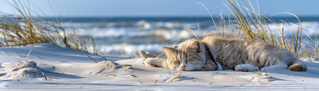 Capture the tranquility of a sun-drenched beach, where a peaceful dog slumbers on silken white dunes Gentle ocean waves whisper secrets to the shore, while a serene blue sky stretches above, casting an ethereal glow upon the scene This idyllic moment invites relaxation and inspires a sense of pure bliss AI Generativeの素材