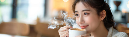 Immerse in a moment of serenity as a woman indulges in the warm embrace of a steaming cup of coffee Nestled within a cozy cafe, the air is alive with a symphony of soft whispers and the aroma of freshly brewed beans The scene is enveloped in a dreamy haze of blurred warm tones, creating a tranquil and ethereal ambiance that invites the viewer to pause and savor the tranquility of the moment AI Generativeの素材