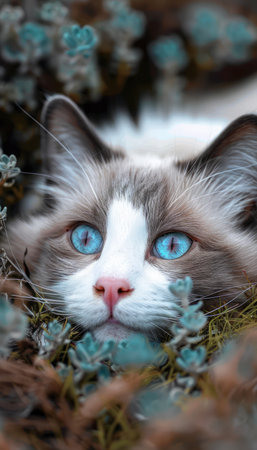 Behold the captivating beauty of a blue-eyed feline amidst a tranquil natural setting This stunning close-up captures the feline&#39;s enigmatic allure, with its piercing gaze and gentle expression The vibrant greenery and soft sunlight create a serene atmosphere, harmonizing the wild and the domestic in a breathtaking display of nature&#39;s wonders AI Generativeの素材