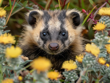 Immerse yourself in the heartwarming cuteness of an adorable baby badger amidst a vibrant tapestry of wildflowers This close-up photograph captures the charm and innocence of young badgers as they explore their natural habitat, surrounded by blossoms that paint a kaleidoscope of colors The image evokes a sense of joy and wonder, showcasing the beauty of wildlife in its purest form AI Generativeの素材