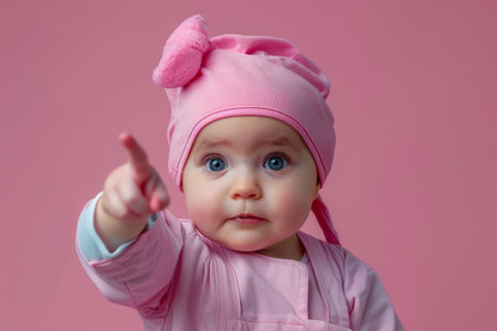 A captivating image of an adorable baby dressed in a delightful pink outfit, their tiny finger pointing forward against a vibrant pink backdrop This charming photograph captures the essence of childhood innocence and boundless curiosity, inviting viewers to share in the baby&#39;s innocent wonder AI Generativeの素材