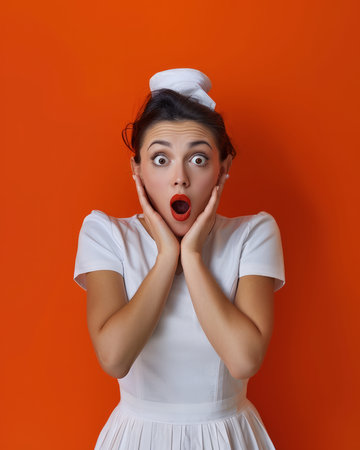 A flabbergasted woman in an elegant white dress and hairpiece stands against an eye-catching orange backdrop, her hands raised to her cheeks and her mouth agape in utter shock Her wide-eyed expression conveys a profound sense of surprise and disbelief, making this image a powerful visual representation of an intense emotional reaction AI Generativeの素材