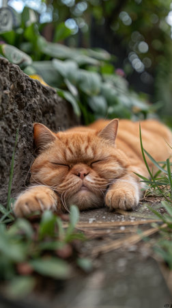 Behold the serene slumber of an adorable ginger cat, nestled amidst a tapestry of lush greenery As the sun gently caresses the garden, casting dappled light upon the leafy backdrop, our feline companion indulges in a peaceful afternoon nap on a warm summer day This captivating image exudes tranquility and brings a touch of joy to any space, evoking an irresistible desire to cherish the simple moments of life AI Generativeの素材