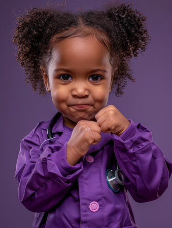 This adorable young girl is all ready to help as a doctor! She&#39;s wearing a purple medical outfit and has a stethoscope around her neck She&#39;s smiling and confident, and she&#39;s ready to help anyone who needs her This photo is perfect for pediatric health care and aspirations concepts, or for any happy and cute children photography AI Generativeの素材