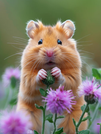 Capture the irresistible charm of a fluffy hamster indulging in a delightful feast of purple thistle flowers This close-up photograph portrays its adorable expression and meticulously detailed fur against a verdant meadow backdrop A captivating blend of nature, wildlife, and animal photography, this image exudes both cuteness and a profound connection to the natural world AI Generativeの素材