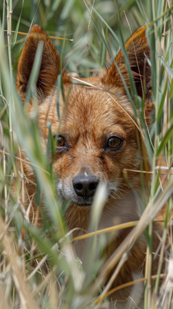 In a verdant expanse, an alert red dog, its keen gaze piercing through tall grass, blends seamlessly into its natural surroundings It stands sentinel, a vigilant guardian, its instincts sharp as it surveys its territory The perfect camouflage of its fur against the vibrant foliage allows it to move undetected, observing its environment with an innate curiosity AI Generativeの素材