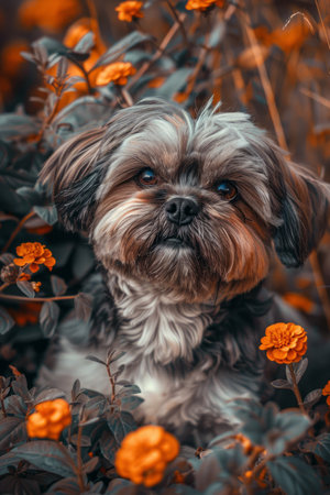 Behold the captivating allure of an enchanting Shih Tzu nestled amidst a vibrant tapestry of marigolds This exquisite pet portrait celebrates the harmonious bond between nature&#39;s beauty and canine charm A testament to the profound connection between humans and animals, this image captures the adorable innocence of a furry companion surrounded by a kaleidoscope of colors Perfect for animal lovers and dog enthusiasts seeking a touch of heartwarming charm and nature&#39;s splendor AI Generativeの素材