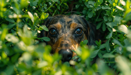 A playful pooch peers curiously through vibrant foliage, its eager eyes sparkling with the joy of discovery Verdant leaves frame the canine&#39;s curious expression, inviting viewers to explore the hidden wonders of nature through the perspective of a playful pet in its natural habitat AI Generativeの素材