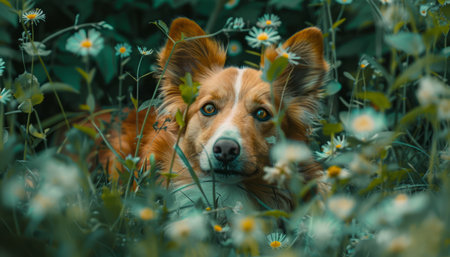 This serene portrait depicts a tranquil dog amidst a vibrant meadow awash in blossoming flowers The harmonious blend of soft pastels and the dog&#39;s gentle expression exudes a sense of serenity and natural beauty, inviting nature lovers and pet enthusiasts to immerse themselves in the essence of tranquility and appreciate the beauty of the canine-floral bond AI Generativeの素材